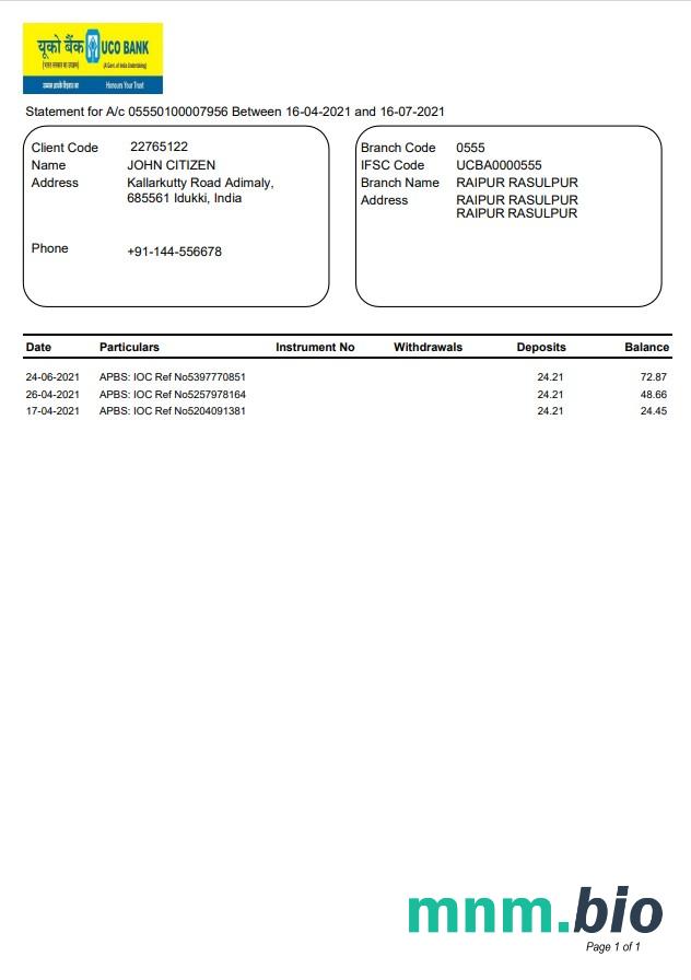 Szablon wyciągu bankowego India UCO w formacie Word i PDF